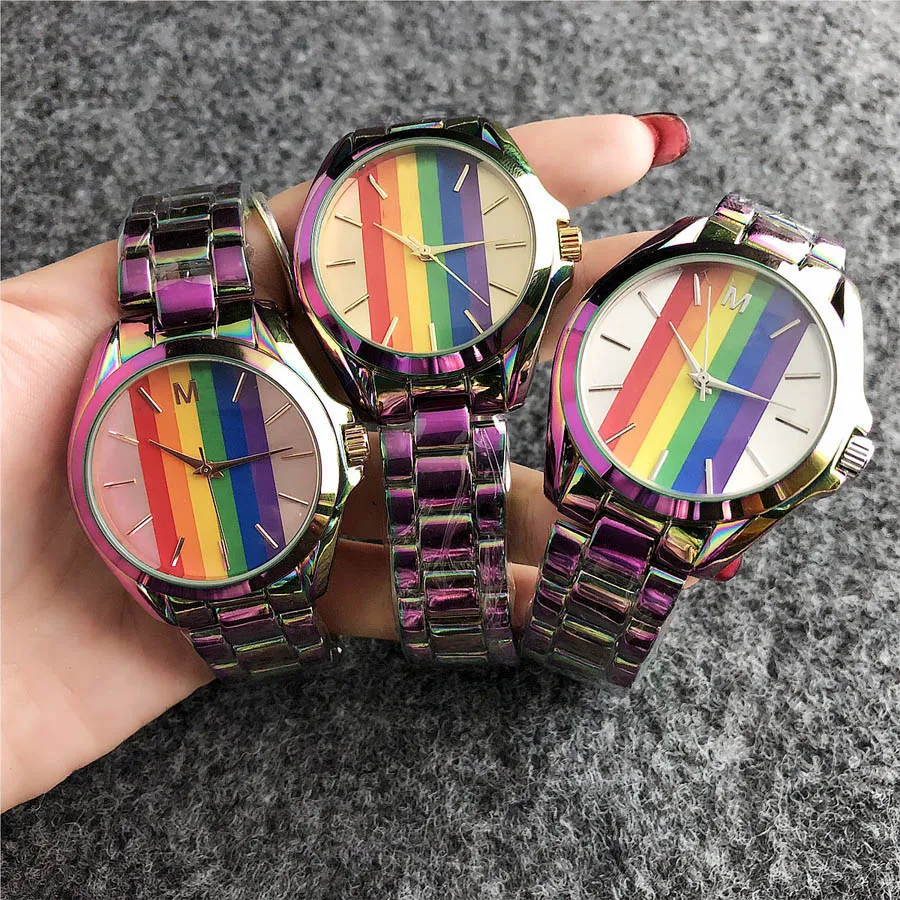 Brand Wrist Watches Women Girl Ladies Rainbow Style Quartz Casual Steel Metal Band Clock m99