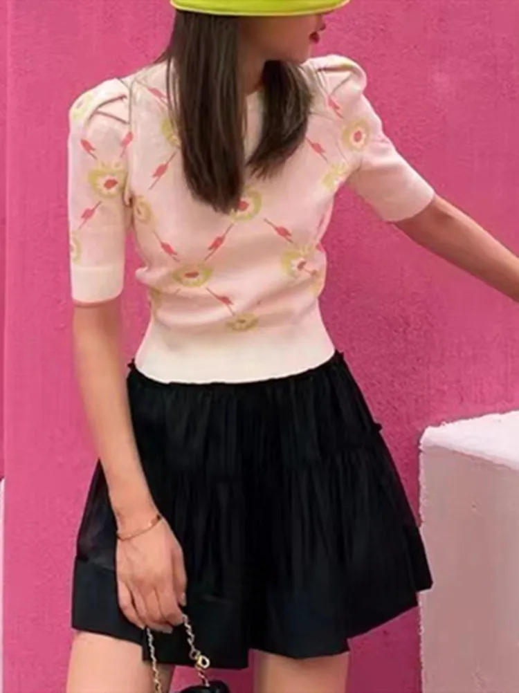 

Женский вязаный свитер с принтом фруктов, Новинка лета 2022, трикотажный пуловер с круглым вырезом и коротким рукавом, Женский универсальный ...