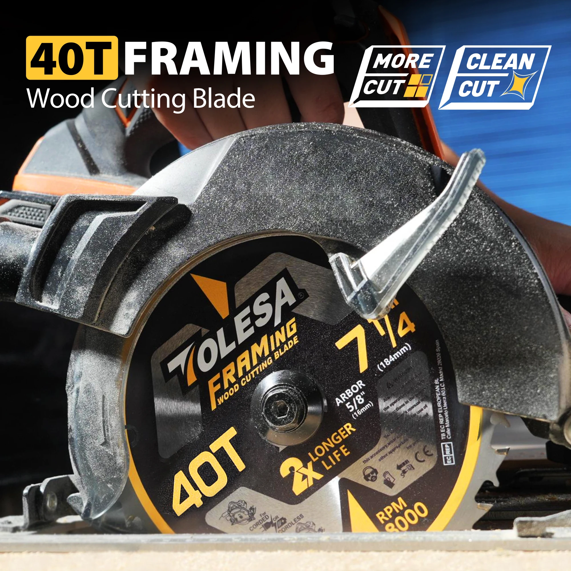 Полотно для циркулярной пилы TOLESA 7-1/4 дюйма 40 зубьев с оправкой 5/8 карбидные зубья