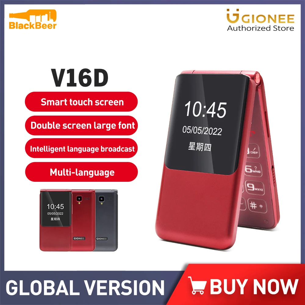 GIONEE V16D 4G Feature Phone 2GB 16GB Big Push-Button Cellphone Clamshell Dual Screen Flip Phone for Elderly Whatsapp 3000mAh