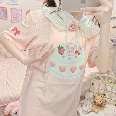 Модные футболки с коротким рукавом для девочек, мультяшный Sanrio Hello Kitty, эстетичная женская одежда Y2k, короткий топ, розовые милые летние футболки