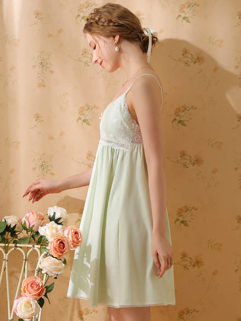 Women Night Dress Cotton Spaghetti Strap Sexy Sleepwear Vintage Princess Nightgowns Victorian Sweet Lace Fairy Pajamas with Pads