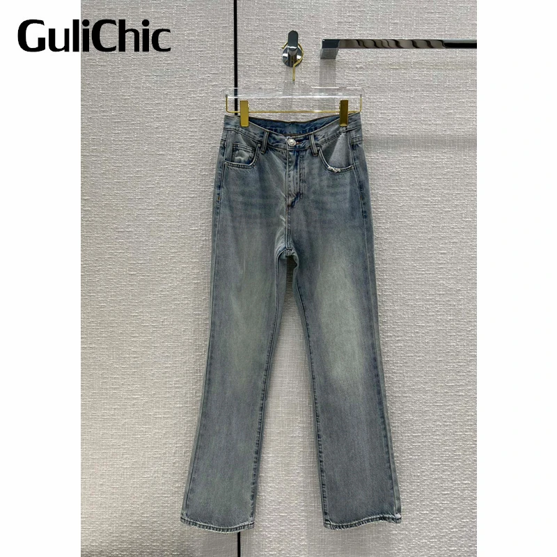 

4.19 GuliChic Women Street Fashion Distressed Washed Denim Rhinestone Button Embroidery Letter High Waist Straight Jeans