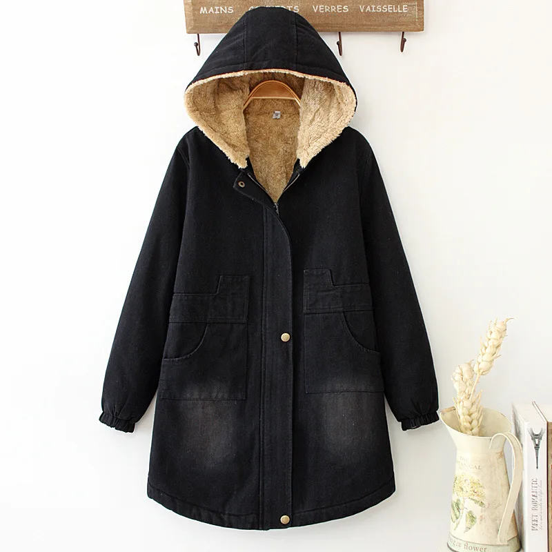 Large Pocket Hooded Fleece Thickened Denim Parkas Jacket Mid Length Zipper Button Denim Patchwork Coat Women Vintage Warm Coat