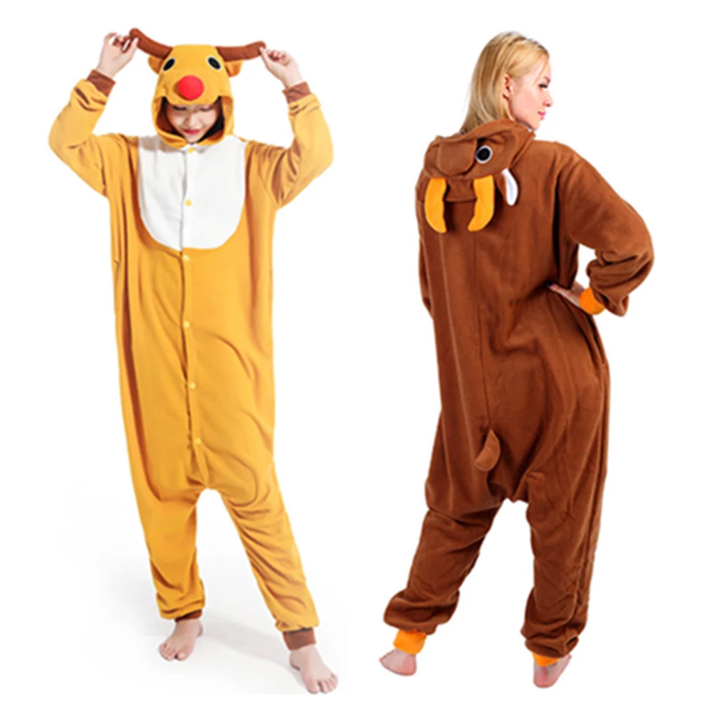Unisex Winter One-Piece Cartoon Mi-Lu Pajamas With Two Antlers Polyester WarmComfort Double Breasted Length To The Thigh Cosplay