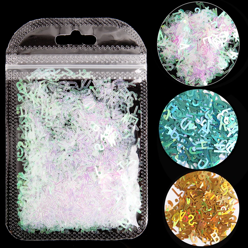 

8 цветов, 3D дизайн ногтей, Английский алфавит, искусство, лазерные Смешанные Буквы с блестками, дизайн ногтей, блестки, украшения для ногтей