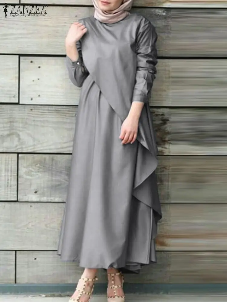 

Oversize Ramadan Islamic Clothing ZANZEA Women Muslim Dress Long Sleeve Ruffles Sundress Casual Solid Maxi Vestidos Turkey Robe