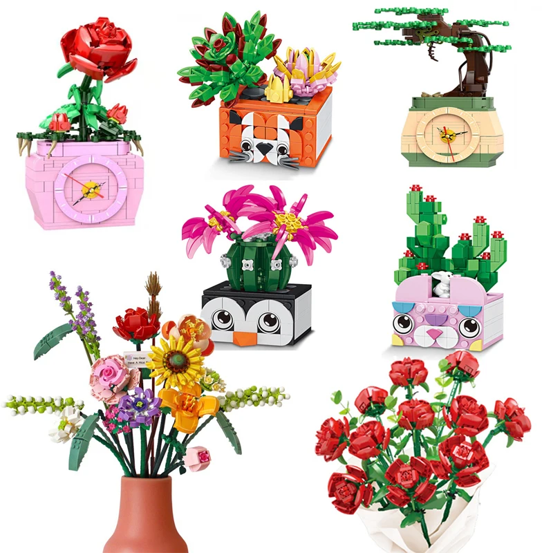 Bouquet DIY Building Blocks Romantic Rose Flower Bonsai Cactus Flower Plant 3D Model Bricks Children's Educational Toy Girl Gift