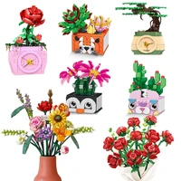 bouquet diy building blocks romantic rose flower bonsai cactus flower plant 3d model bricks childrens educational toy girl gift