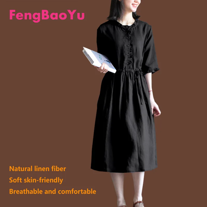 Fengbaoyu Original Design Flax Spring Summer Lady's Medium-sleeved Dress Literary Artistic Retro Elegant Woman's Clothes 4XL 5XL