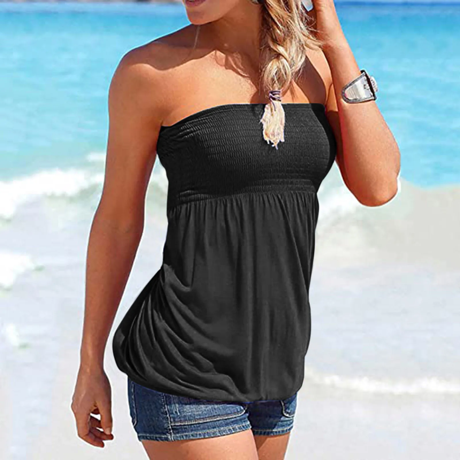 

Summer 2022 Women Casual Sleeveless Bandeau Tank Tube Top Female Loose Irregular Hem Vacation Tops Woman Casual Holiday Tanks