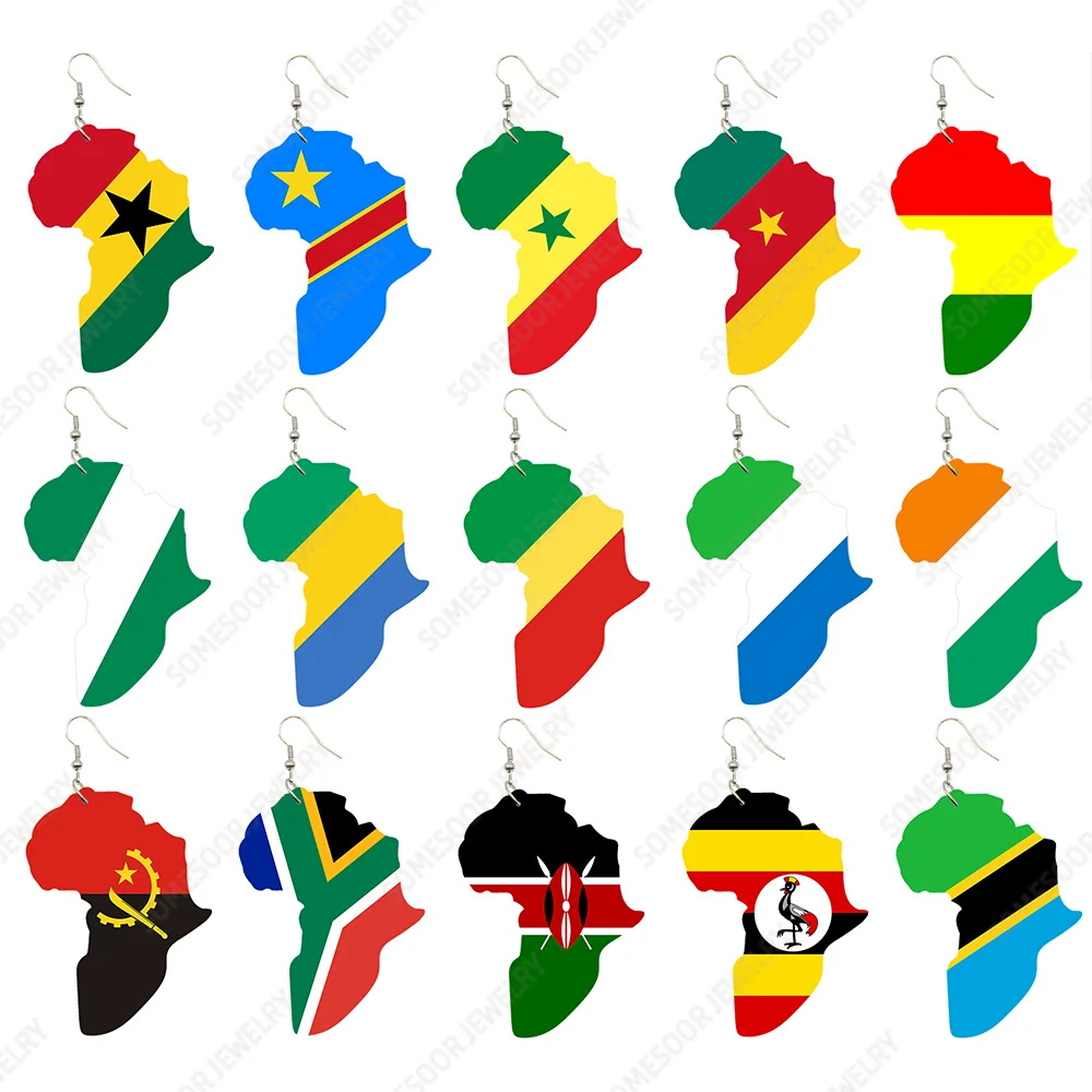 

SOMESOOR Afro Countries National Flags Print Africa Map Wooden Drop Earrings Pendant For Women African Mainland Dangle Jewelry