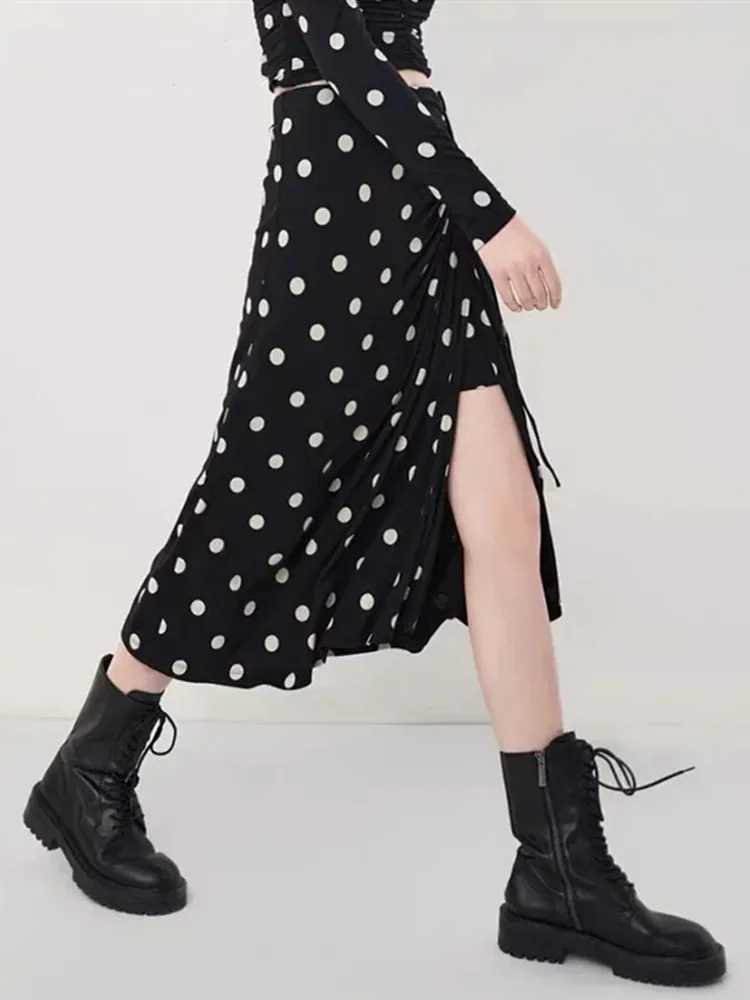 

Vintage Polka-dot Printed Women Slit High-waisted Jupes Smocked Female Midi Skirt