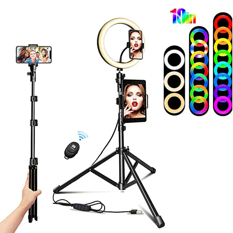 Selfie Stick Triangle  10 Inch RGB Video Light Multi-Function Tripod Selfie Stick Photography Lighting Selfie RingLight Circle Lamp Phone Holder Stand 