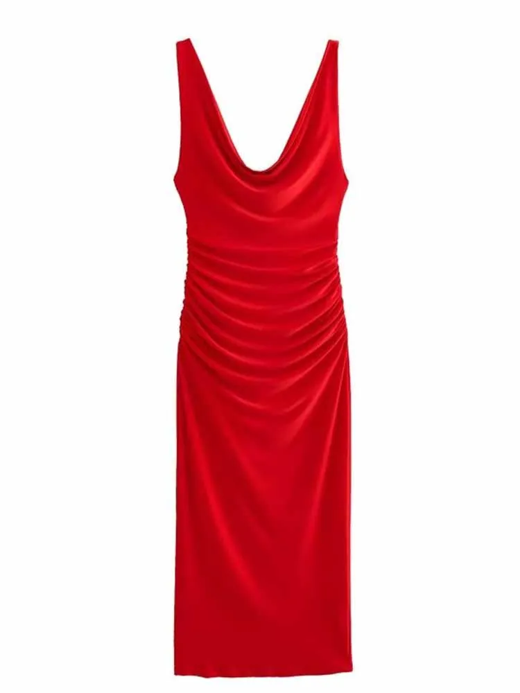 

Женское плиссированное платье миди с открытой спиной, без рукавов, на широких бретелях, модель 2023, 1165/248