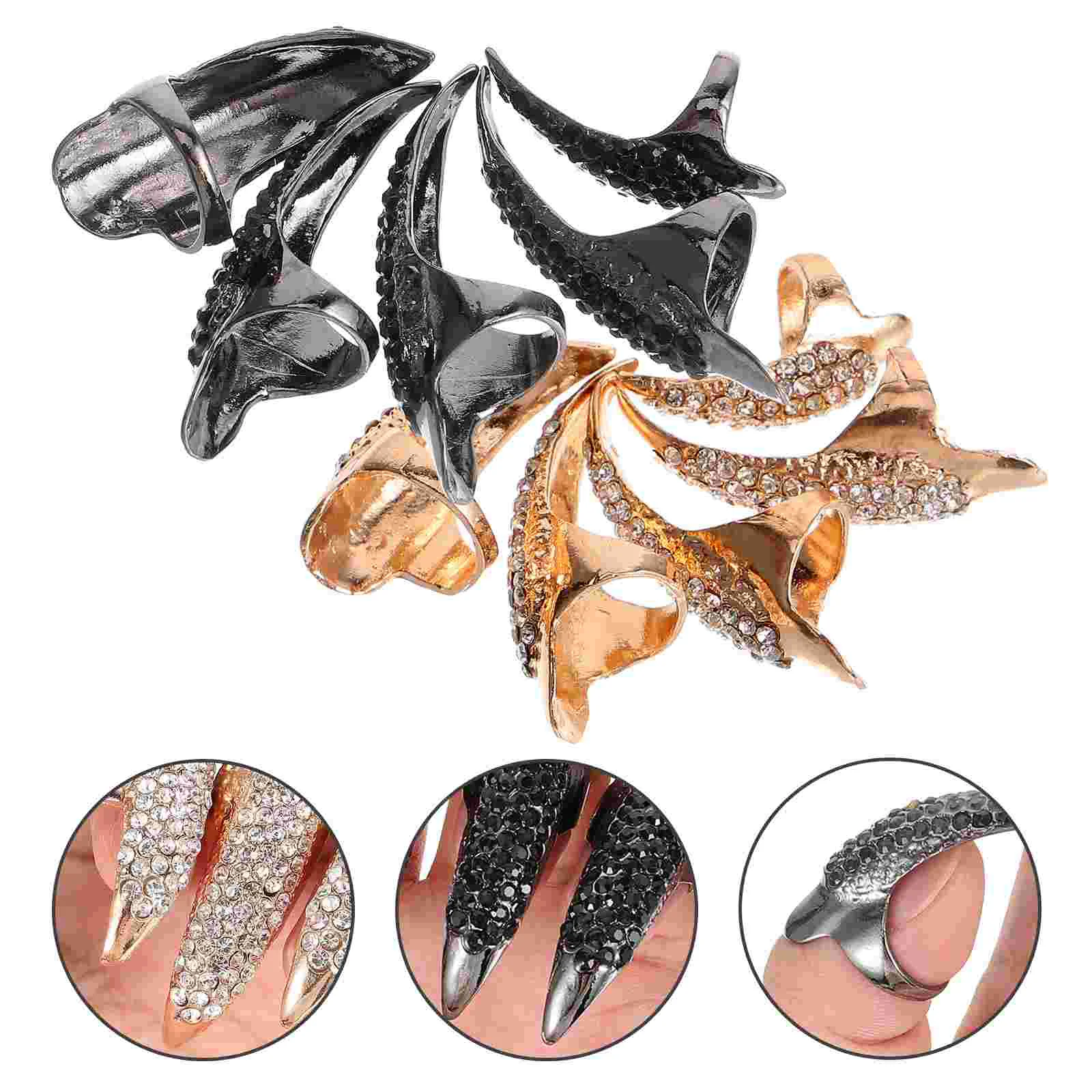 

10pcs Gothic Finger Claws False Nail Finger Claw Eagle Rings Rhinestone Fingertip Claw for Cosplay Halloween