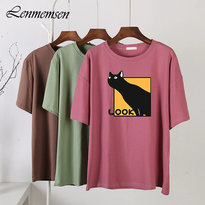

Футболка Lenmemsen женская с абстрактным графическим принтом, Модный хлопковый топ с коротким рукавом и принтом кошки в винтажном стиле, на лето