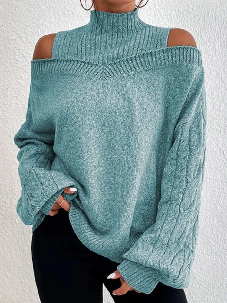 

Women Knitted Sweater Winter Black Turtleneck Warm Oversize Pullover Office Ladies Vintage Off Shoulder Sweaters for Women 2023