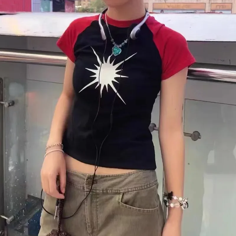 Karrram гранж пэчворк футболка винтажная корейская мода с коротким рукавом чай