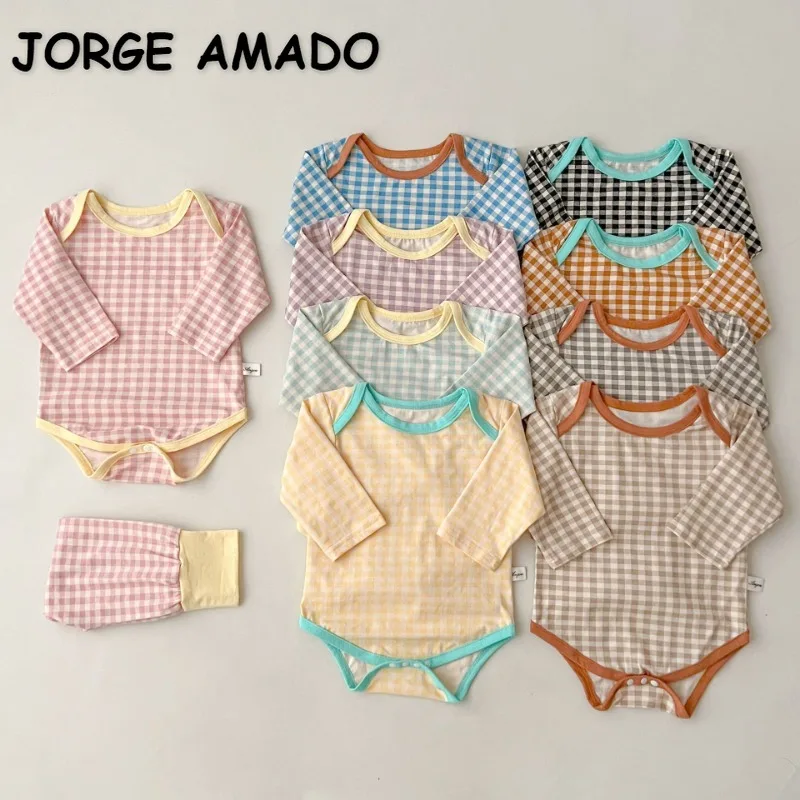 

New Spring Autumn Baby Boy Girl Pajamas Plaid Bodysuit+High Waisted Belly Protection Pants Newborn Home Wear Nightgown E33203