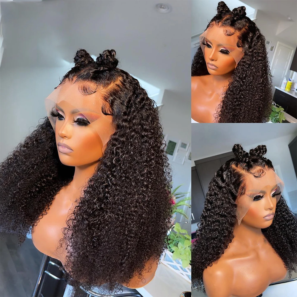 

26 дюймов, длинный, 180 плотность, без клея, собранный, мягкий кудрявый, натуральный черный парик на сетке спереди для африканских женщин с BabyHair ежедневно