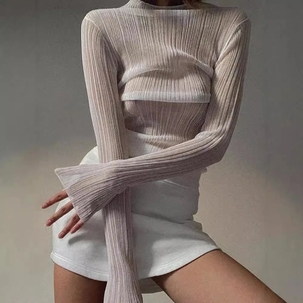 Повседневная футболка женская осенняя новая сетчатая с длинным рукавом женский