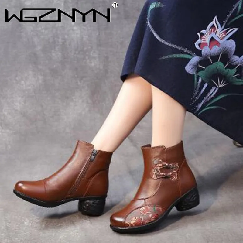 

Fashion Woman Mid Heels Boots Casual Flowers Pumps Black Red Genuine Leather Pump 2022 Autumn Handmade Zipper Shoes for Women