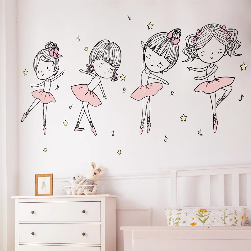 [SHIJUEHEZI] Ballet Dancer Wall Sticker DIY Cartoon Girl Dancing Wall Decals for Kids Room Baby Bedroom Nursery House Decoration
