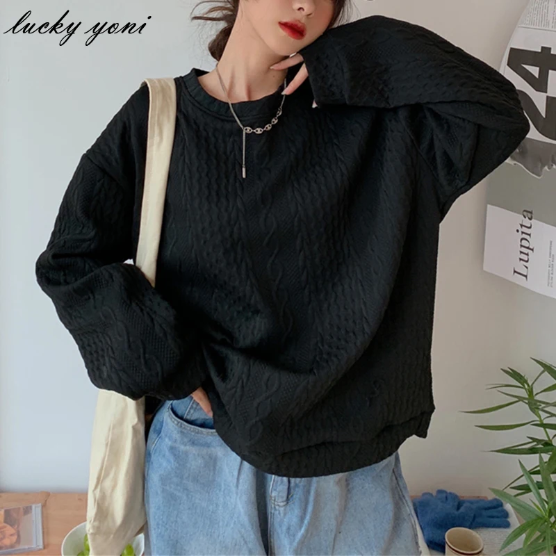 

Yoni Spring Loose Solid Color Sweatshirts Women Casual O Neck Long Sleeve Hoodies Female Korean All-match Plus Size Pullovers