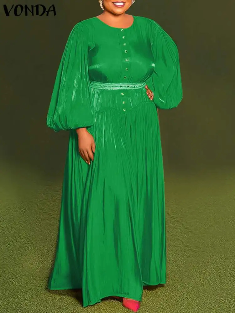 

VONDA Autumn Party Maxi Dress 2022 Women Long Lantern Sleeve Button Fashion Long Dress Casual Loose Satin Pleated Baggy Sundress