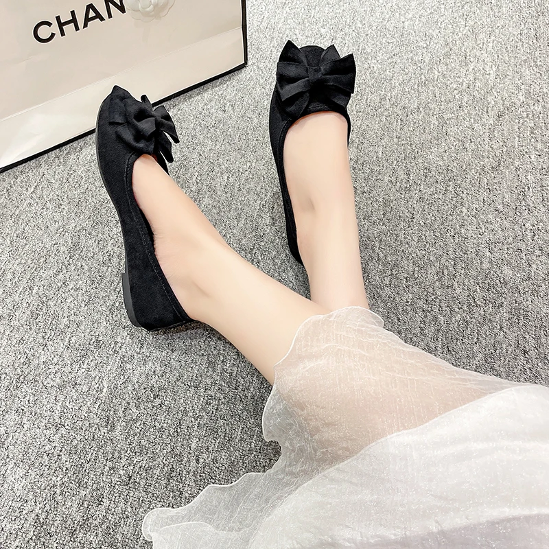 Женские флоковые туфли на плоской подошве с круглым носком большим бантом