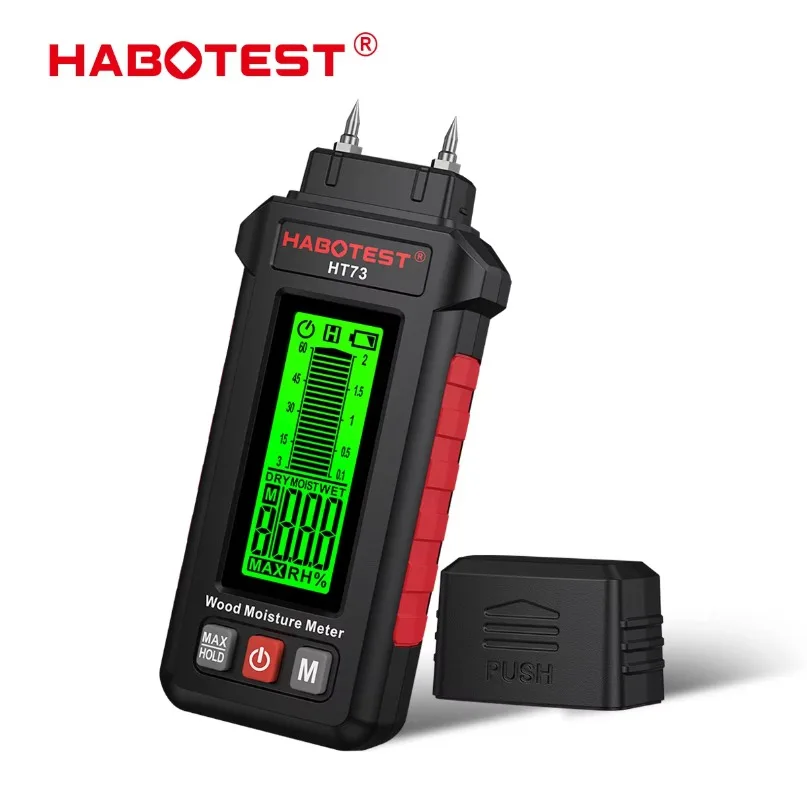 Фото Новый портативный влагомер HABOTEST/HT73 с ЖК-дисплеем, трехцветной подсветкой и функцией сохранения данных для древесины, строительных материалов (1 шт.) №2