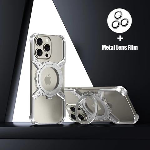 Metal Magnetic MagSafe Luminous Stand Phone Case For iPhone 14 13 15 16 Pro Max 16Pro Aluminum Alloy Hollow Rimless Bumper Cover