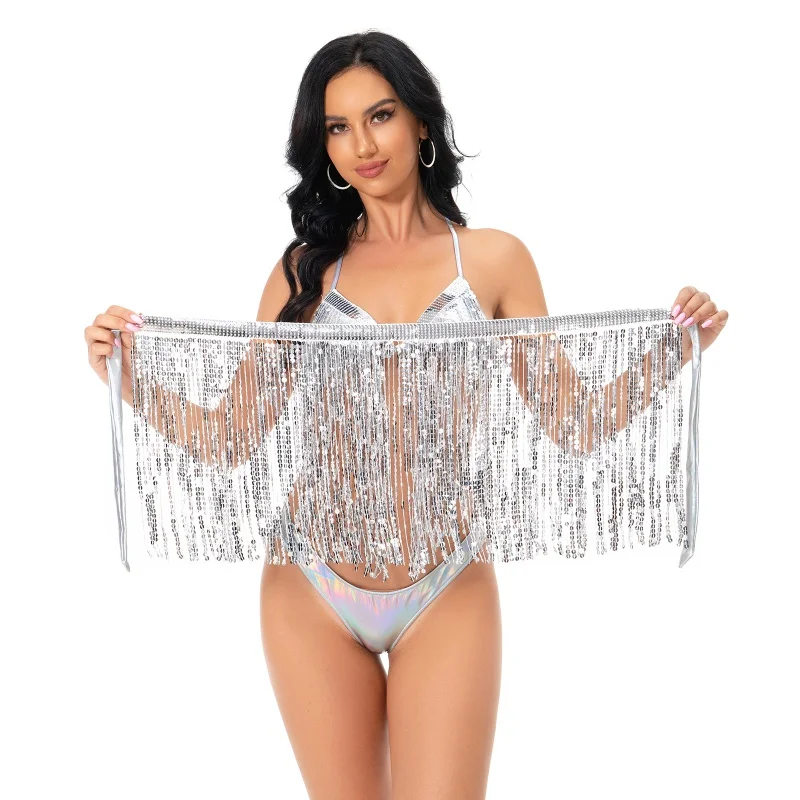 

Women 3PCS 's dance dress Unique Sequins Nightclubs Chacha High-quality Samba Tassels Latin dance Sexy Belly dance Summer Beach