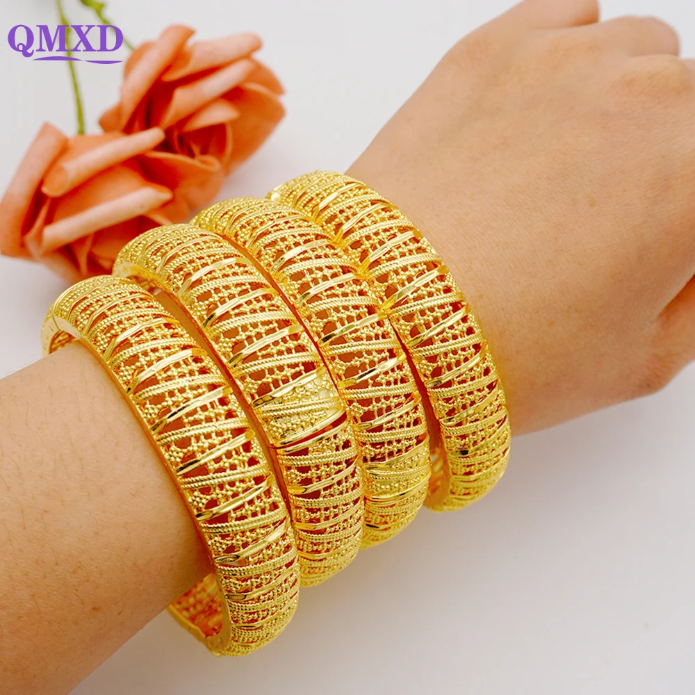 

African Dubai Bangles 4pcs/Set For Women Middle East Gold Color Bangles Ethiopian Saudi Arabia Bracelets Wedding Jewelry Gifts