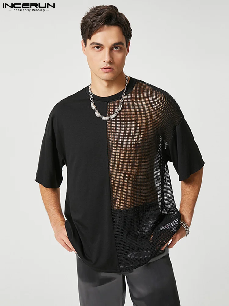 

INCERUN Tops 2022 American Style New Men Mesh Stitching Solid Simple T-shirts Casual Male O-Neck Half-sleeve Thin Camiseta S-5XL