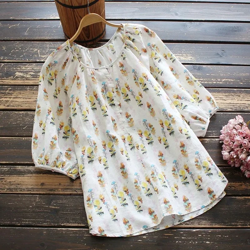 

Pure Cotton Blouse Summer Casual Women Shirts Vintage Floral Print Tops Button Up Round Collar Short Sleeve Loose Shirt Ladies