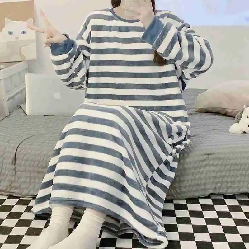 Winter Long Sleeve Thick Warm Flannel Nightgowns for Women Long Dress Coral Velvet Sleepwear Nightdress Nighty Loose Lounge Wear