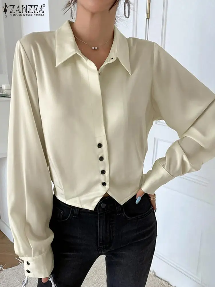 

Женская атласная короткая рубашка ZANZEA, элегантная рубашка с отложным воротником и длинным рукавом, Повседневная Офисная Женская блузка на пуговицах, модные укороченные топы