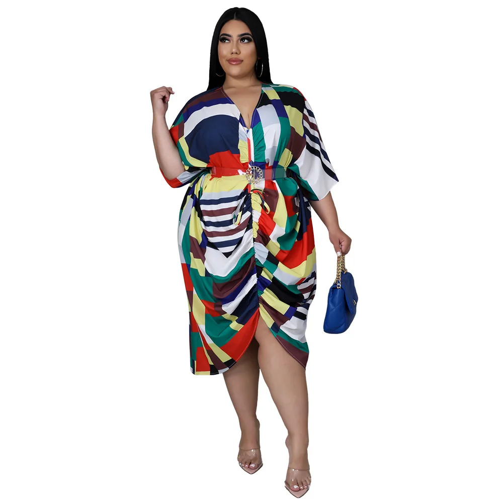 Plus Size Shirt Dress 3xl 4xl Elegant Striped Loose Casual Pleated v Neck Maxi Dresses for Women Whole 3xl 4xl 5xl 6xl