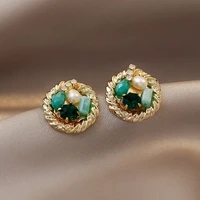 han edition of classical luxury simple geometric circular green crystal earrings fashion baroque imitation pearl earrings