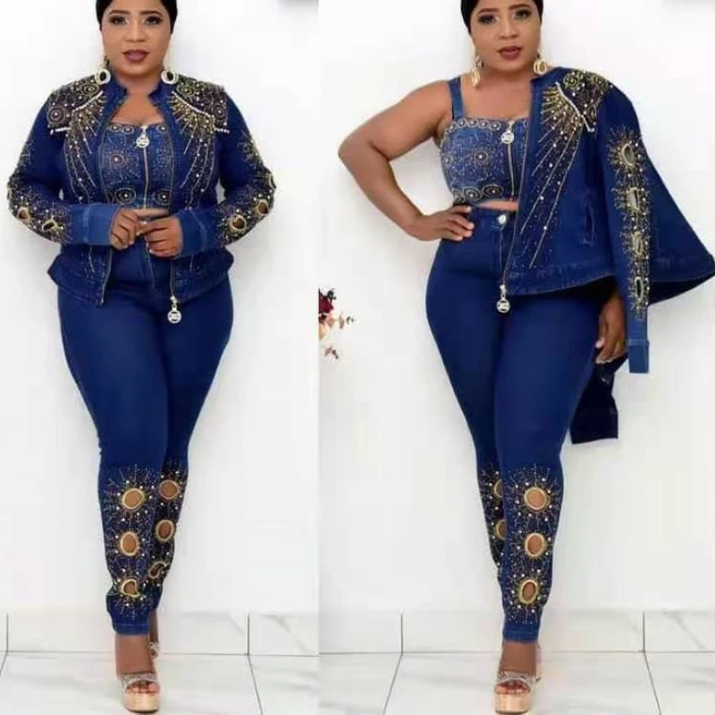

3 Piece Matching Sets Africa Clothes 2021 African Dashiki New Fashion Suit Top And Trousers Super Elastic Party Lady Women's Set