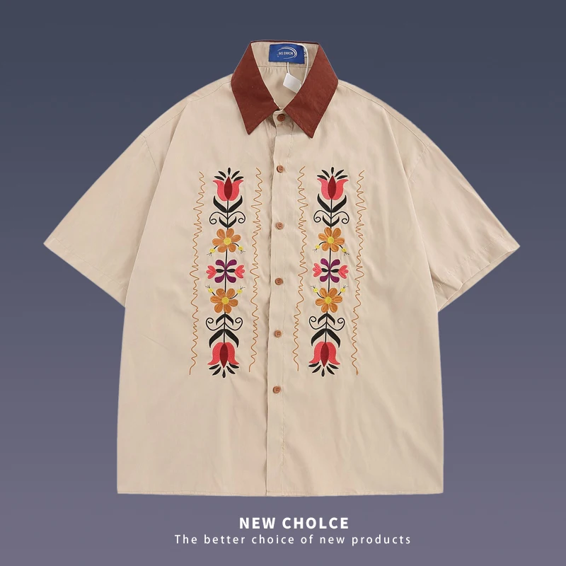 

Рубашка мужская с коротким рукавом и цветочной вышивкой, модная свободная хлопковая куртка в стиле ретро, в стиле хип-хоп, цвета хаки, лето