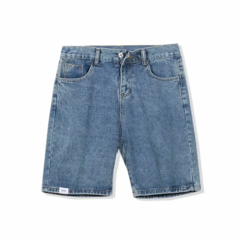 Summer Knee Length Jeans Men Korean Style Denim Shorts Men Lace-up Mid-Waist Denim Straight Shorts Fashion Short Jeans Pockets