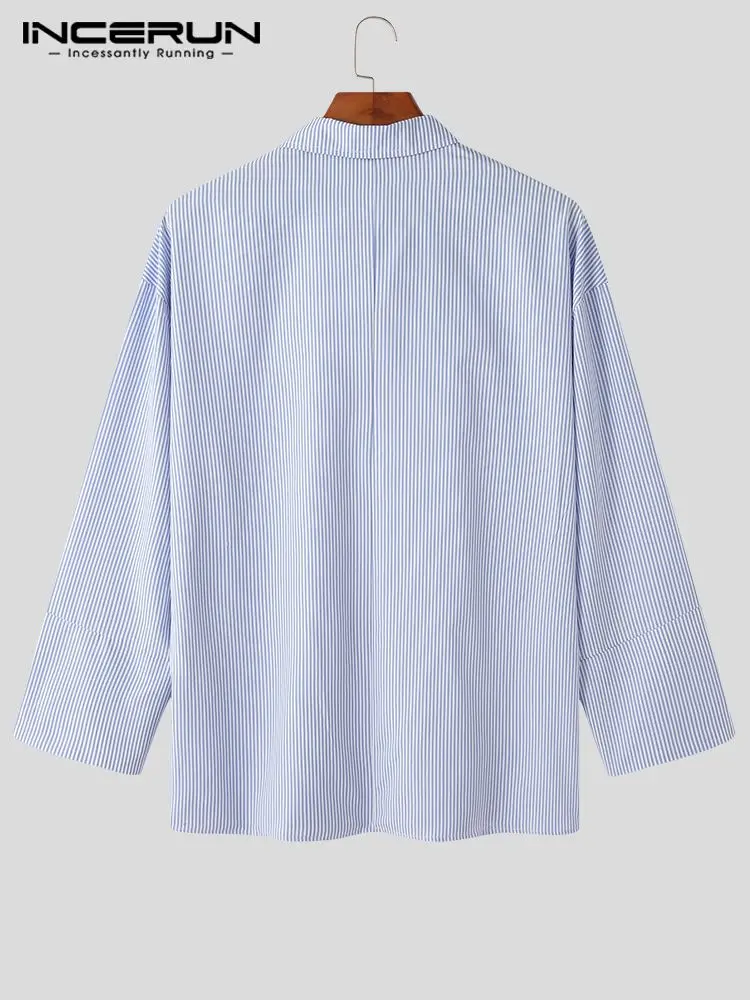 Fashion Casual Style Tops INCERUN Men All-match Striped Blouse Male Solid Comfortable Front Mid-Zipper Long Sleeve Shirts S-5XL