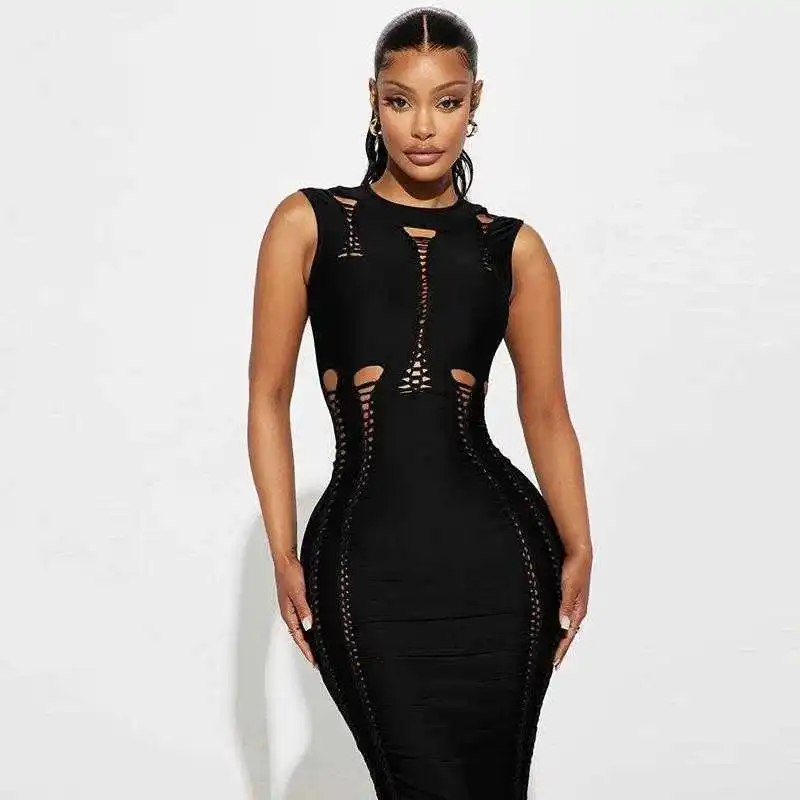 

Womens Clothing Summer Casual Dresses Fashion Solid Color Hollow Slim Round Neck Sleeveless Dress Wholesale