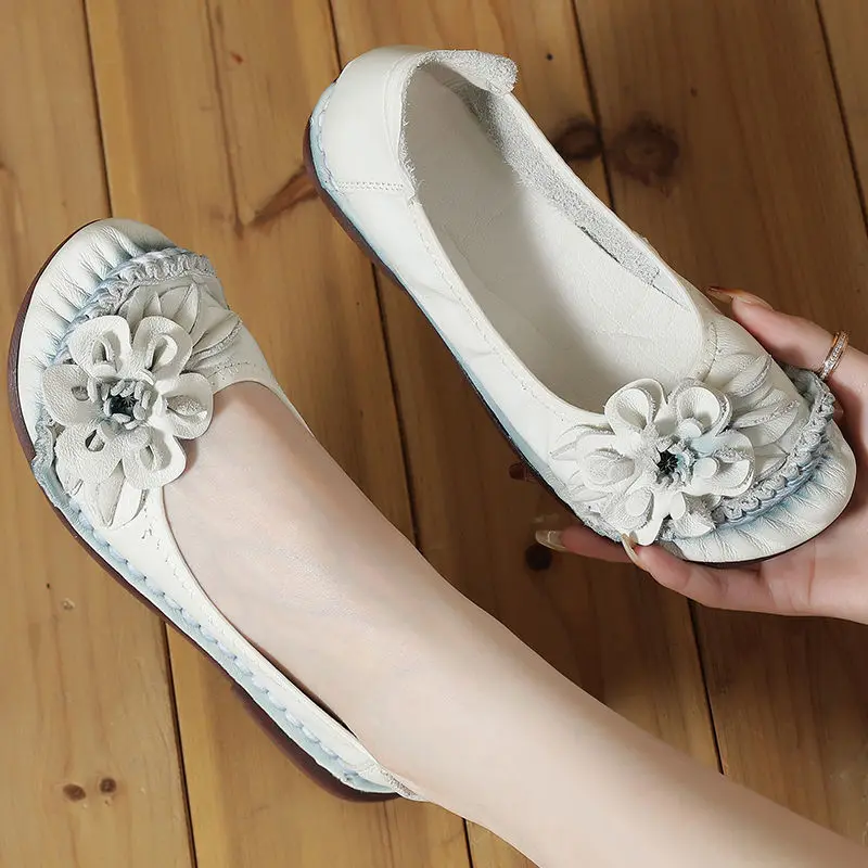 

Балетки женские из натуральной кожи, Мокасины с цветочным принтом, роскошные винтажные лоферы, ручная работа, плоская подошва, для прогулок