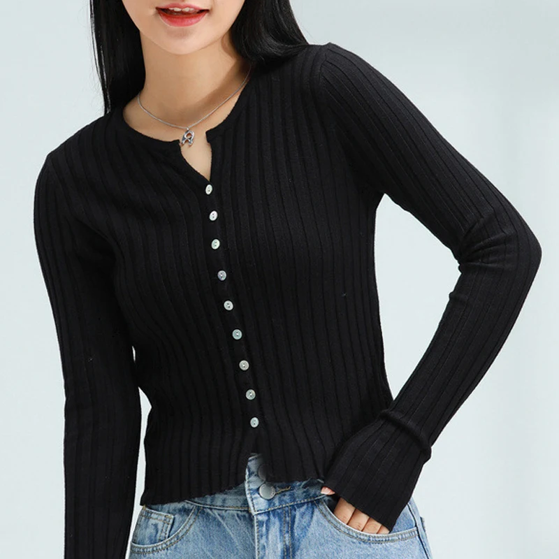 Женский вязаный кардиган с длинным рукавом повседневный облегающий круглым