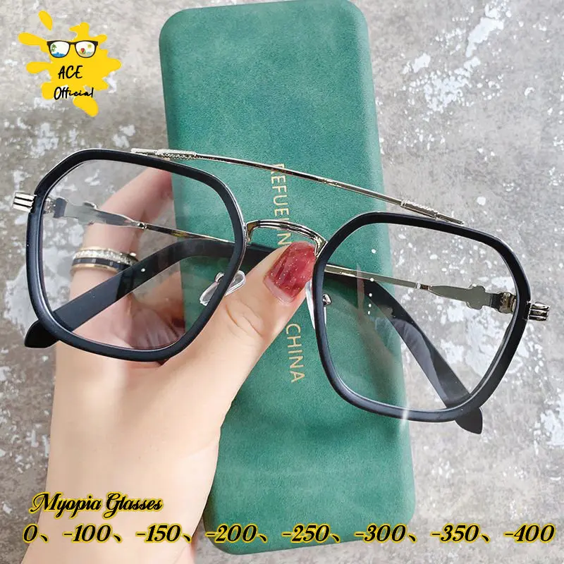 

Retro Fashion Double Beam Square Myopia Glasses Luxury Men Women Anti Blue Light Transparent Finish Prescription Eyewear -1.0