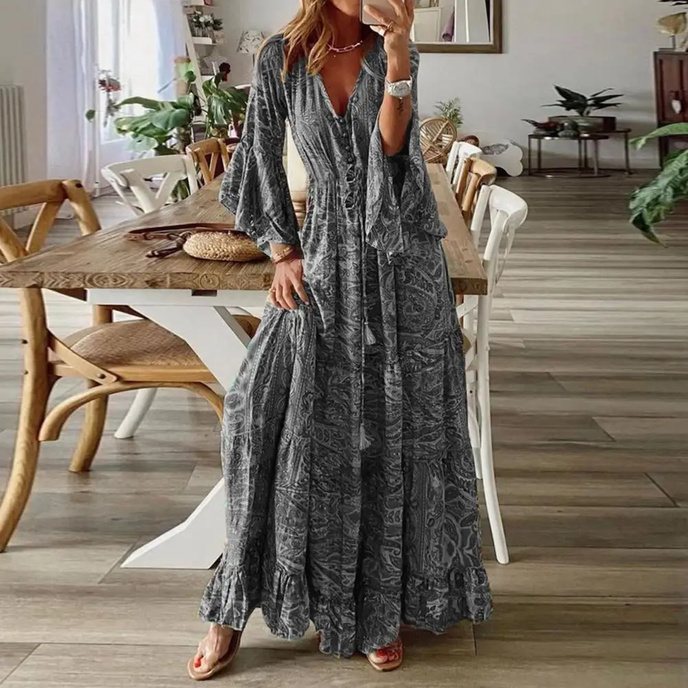 

2023 Summer Women's Boho Ladies Beach Dress V Neck Colorful Vintage Long Sleeve Dress Floral Print Maxi Dress